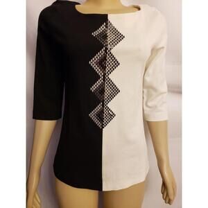 ROCCOBAROCCO EMBELLISHED IVORY BLACK BLOUSE 46 IT US 10 ZIP BACK SHORT SLEEVE